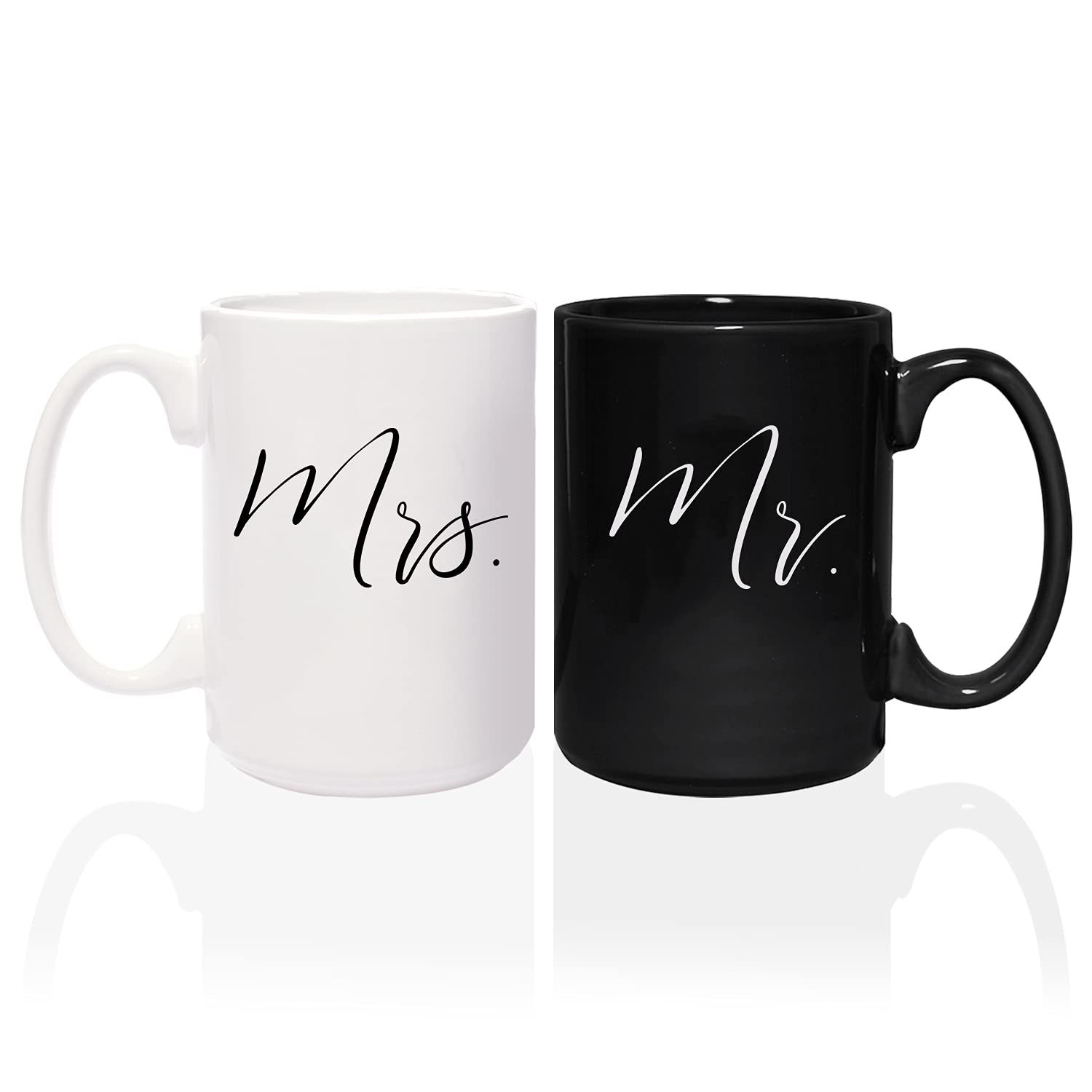 Canopy Street Mr And Mrs Matching Mugs / 2 Jumbo 15 Ounce White And Black Ceramic Mugs/Elegant Coffee Cup Gift Set/One Black Mug And One White Mug