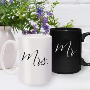 Canopy Street Mr And Mrs Matching Mugs / 2 Jumbo 15 Ounce White And Black Ceramic Mugs/Elegant Coffee Cup Gift Set/One Black Mug And One White Mug