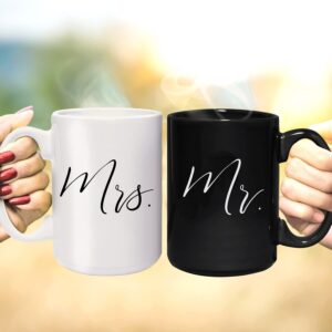 Canopy Street Mr And Mrs Matching Mugs / 2 Jumbo 15 Ounce White And Black Ceramic Mugs/Elegant Coffee Cup Gift Set/One Black Mug And One White Mug