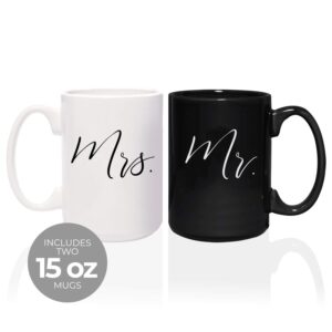 Canopy Street Mr And Mrs Matching Mugs / 2 Jumbo 15 Ounce White And Black Ceramic Mugs/Elegant Coffee Cup Gift Set/One Black Mug And One White Mug