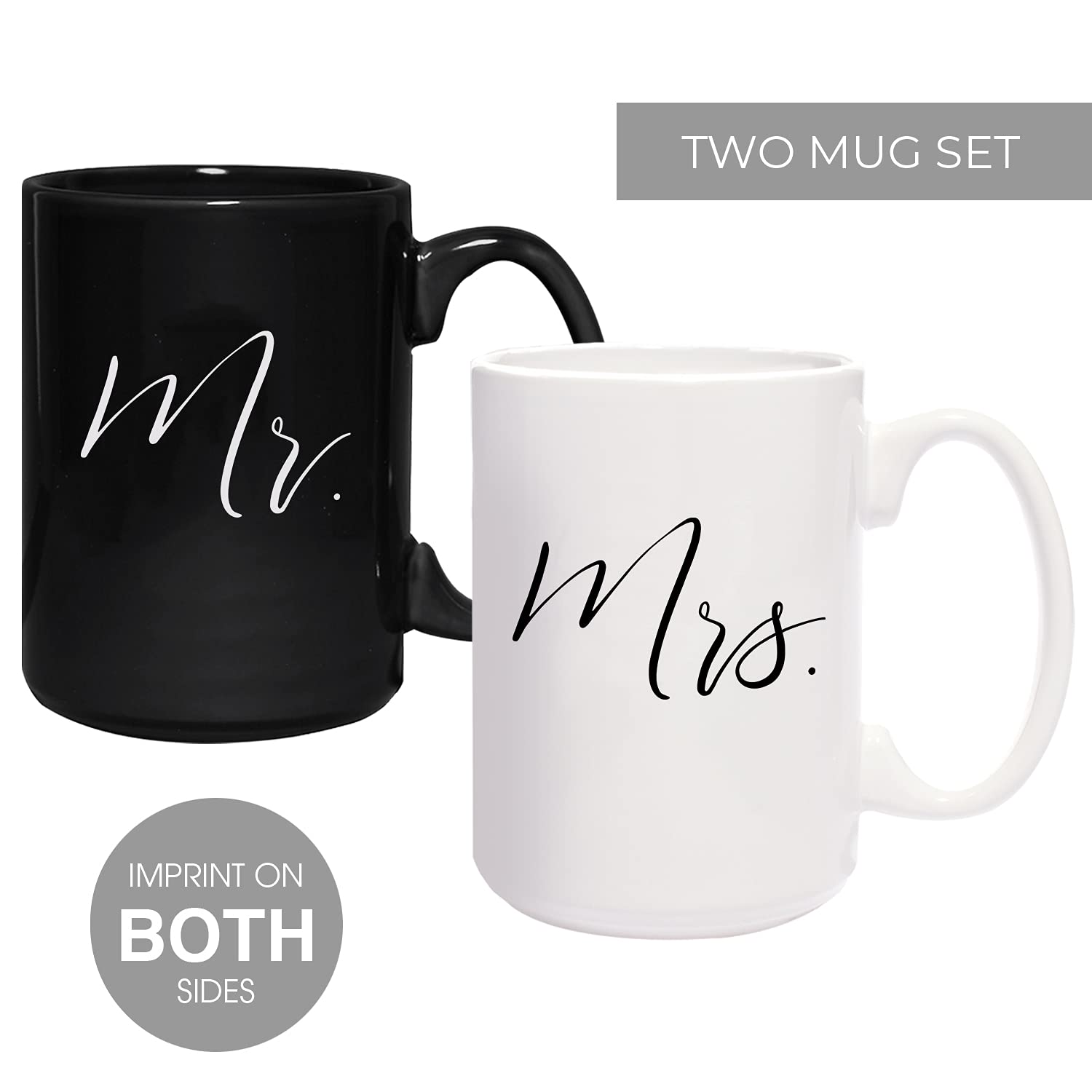 Canopy Street Mr And Mrs Matching Mugs / 2 Jumbo 15 Ounce White And Black Ceramic Mugs/Elegant Coffee Cup Gift Set/One Black Mug And One White Mug