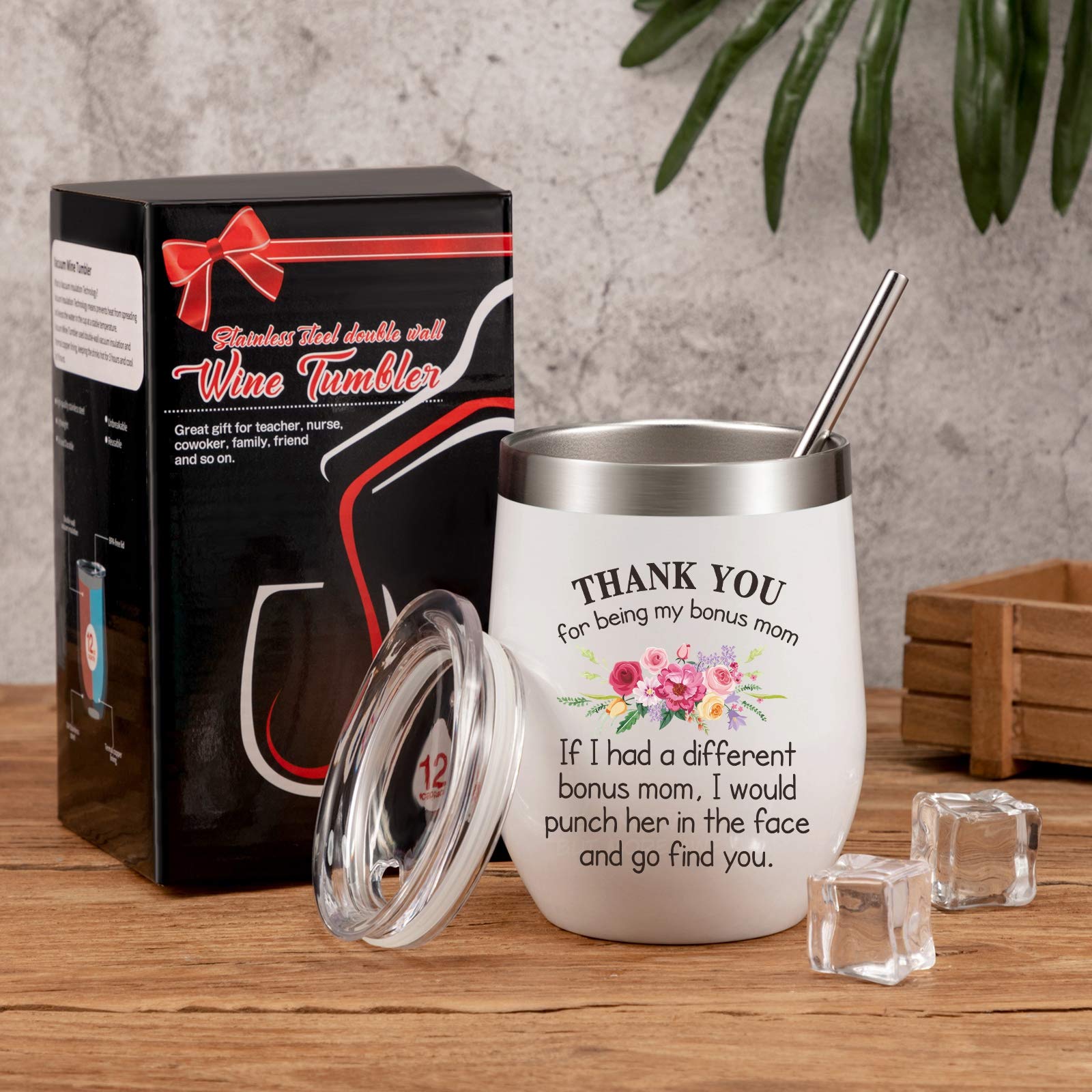 Patelai Thank You For Being My Stepmother, Mom Gifts for Mommy Stepmom on Mother's Day Birthday Christmas, 12 oz Stainless Steel Coffee Mug with Lid Straw Brush Gift Box (White)