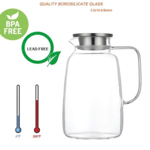 Glass Pitcher with Lid, Water Carafe 80 oz, Iced Tea, Juice, Milk, Coffee, Lemonade Pitcher, Borosilicate Boiling Glassware, Hot & Cold Beverages