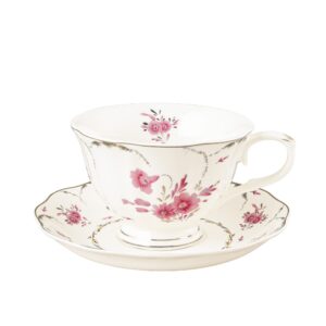 fanquare white porcelain tea cup with saucer, single rose tea cup for coffee, latte, espresso, 7.4oz