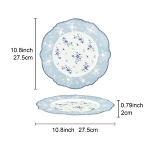 fanquare 10 Inch Porcelain Dinner Plates Set of 4, Lace Dishes Set for Salad, Pasta, Soup, Dessert, Blue Roses