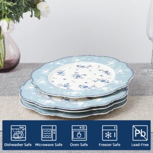 fanquare 10 Inch Porcelain Dinner Plates Set of 4, Lace Dishes Set for Salad, Pasta, Soup, Dessert, Blue Roses