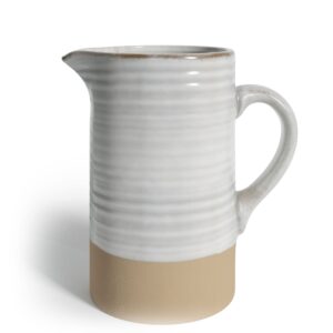 barnyard designs 1.5 quart white ceramic pitcher, vintage rustic farmhouse vase pitcher, ceramic milk pitcher white jug vase or flower vase, decorative water pitcher ceramic vase, ivory/tan, 7x7.25”