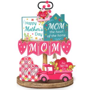 mother's day centerpiece table decorations happy mother's day party centerpieces wooden table signs thank you mom tiered tray decor flower heart mom party supplies for mother's gift