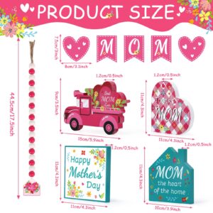 Mother's Day Centerpiece Table Decorations Happy Mother's Day Party Centerpieces Wooden Table Signs Thank You Mom Tiered Tray Decor Flower Heart Mom Party Supplies for Mother's Gift
