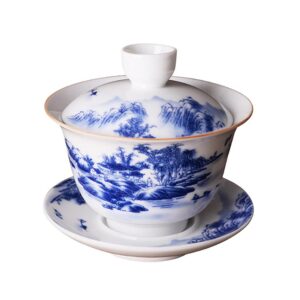 jingdezhen chinese gaiwan handmade 6.3oz/180ml mountain style china blue and white porcelain gaiwan kungfu teacup traditional chinese teaware tea set