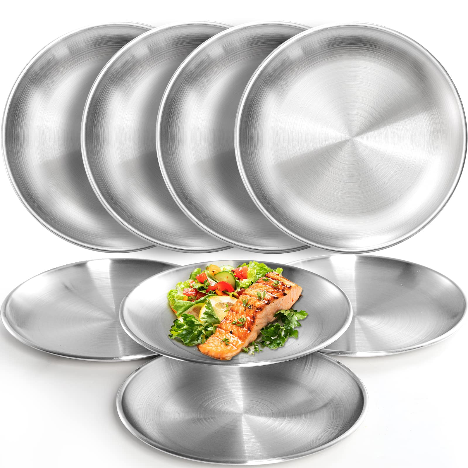 Fasmov 8 Pack 8 inches 18/8 Stainless Steel Plates, Metal 304 Dinner Dishes Serving Camping Plates for Picnic Outdoor Camping, Reusable and Dishwasher Safe