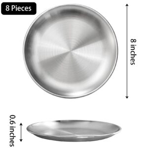 Fasmov 8 Pack 8 inches 18/8 Stainless Steel Plates, Metal 304 Dinner Dishes Serving Camping Plates for Picnic Outdoor Camping, Reusable and Dishwasher Safe