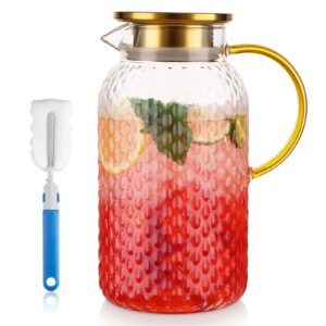 glass pitcher - 66 oz fridge door pitcher drip-free glass water pitcher with lid, 18/8 stainless steel iced tea pitcher, easy clean heat resistance glass carafe for hot/cold beverages, iced tea, juice