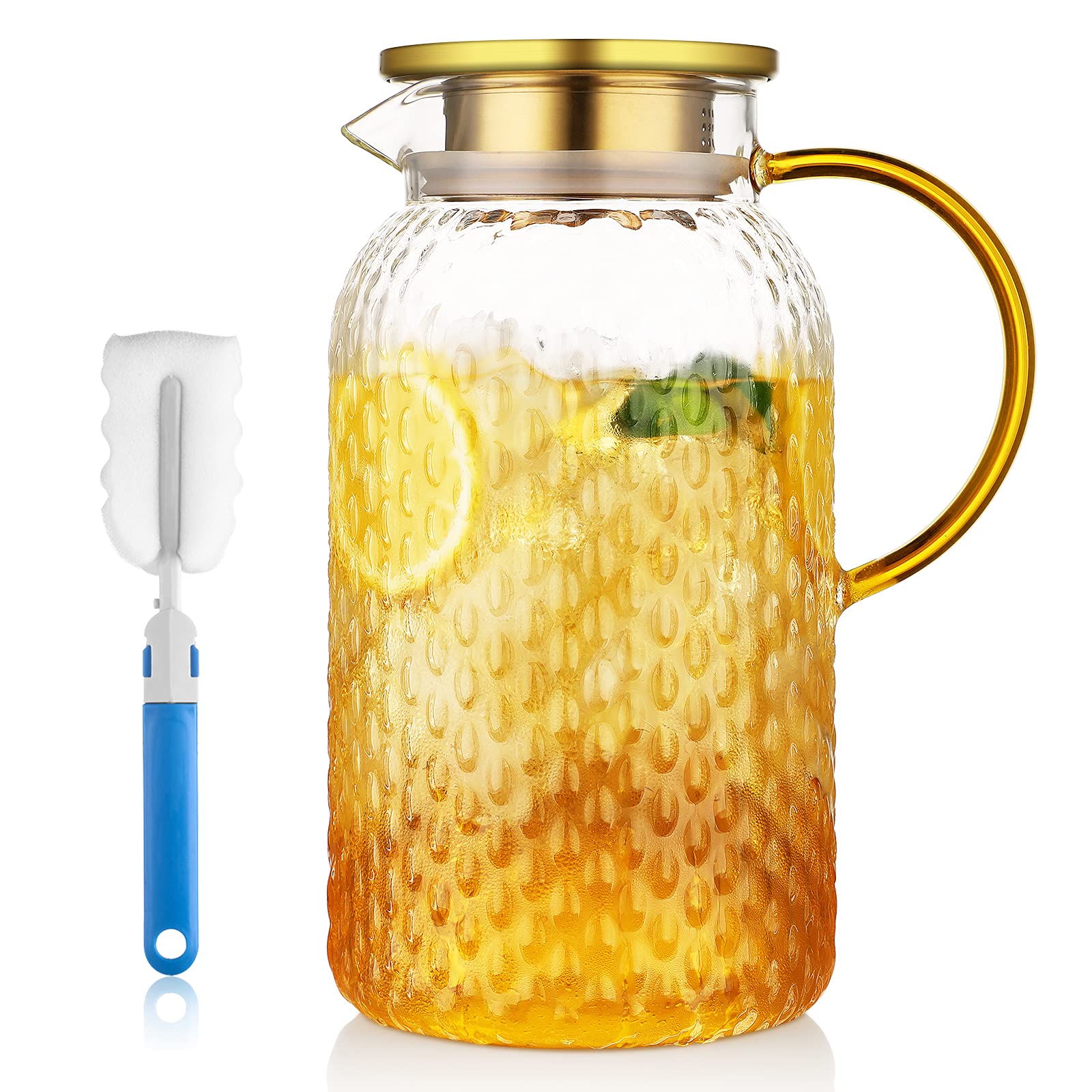 Glass Pitcher - 66 OZ fridge door pitcher Drip-Free Glass Water Pitcher with Lid, 18/8 Stainless Steel Iced Tea Pitcher, Easy Clean Heat Resistance Glass Carafe For Hot/Cold Beverages, Iced Tea, Juice