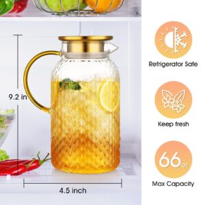 Glass Pitcher - 66 OZ fridge door pitcher Drip-Free Glass Water Pitcher with Lid, 18/8 Stainless Steel Iced Tea Pitcher, Easy Clean Heat Resistance Glass Carafe For Hot/Cold Beverages, Iced Tea, Juice