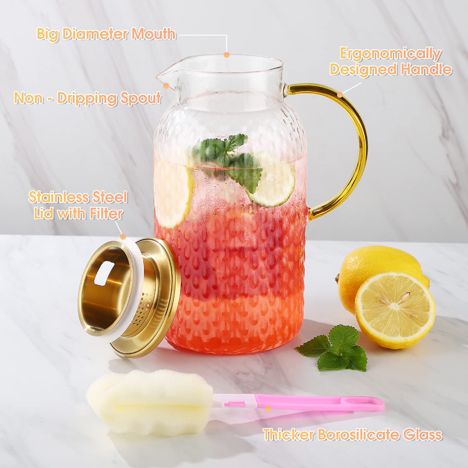 Glass Pitcher - 66 OZ fridge door pitcher Drip-Free Glass Water Pitcher with Lid, 18/8 Stainless Steel Iced Tea Pitcher, Easy Clean Heat Resistance Glass Carafe For Hot/Cold Beverages, Iced Tea, Juice