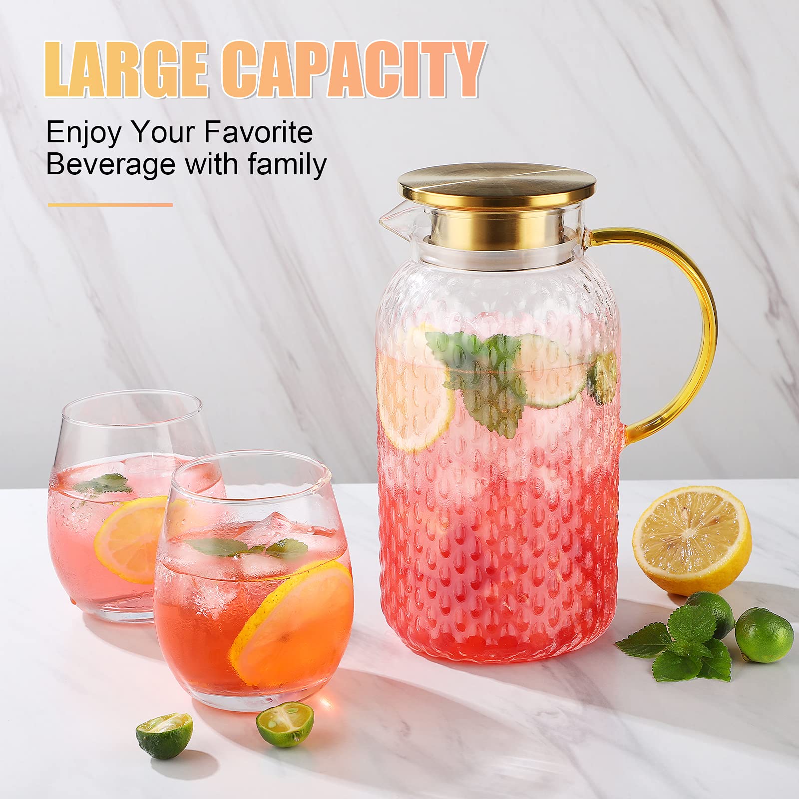 Glass Pitcher - 66 OZ fridge door pitcher Drip-Free Glass Water Pitcher with Lid, 18/8 Stainless Steel Iced Tea Pitcher, Easy Clean Heat Resistance Glass Carafe For Hot/Cold Beverages, Iced Tea, Juice