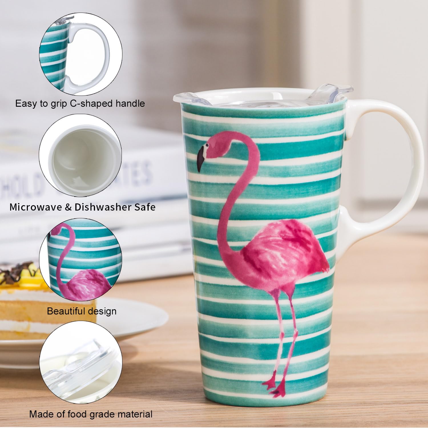 Topadorn Ceramic Coffee Cup with Lid Ceramic Mug with Gift Box, Flamingo