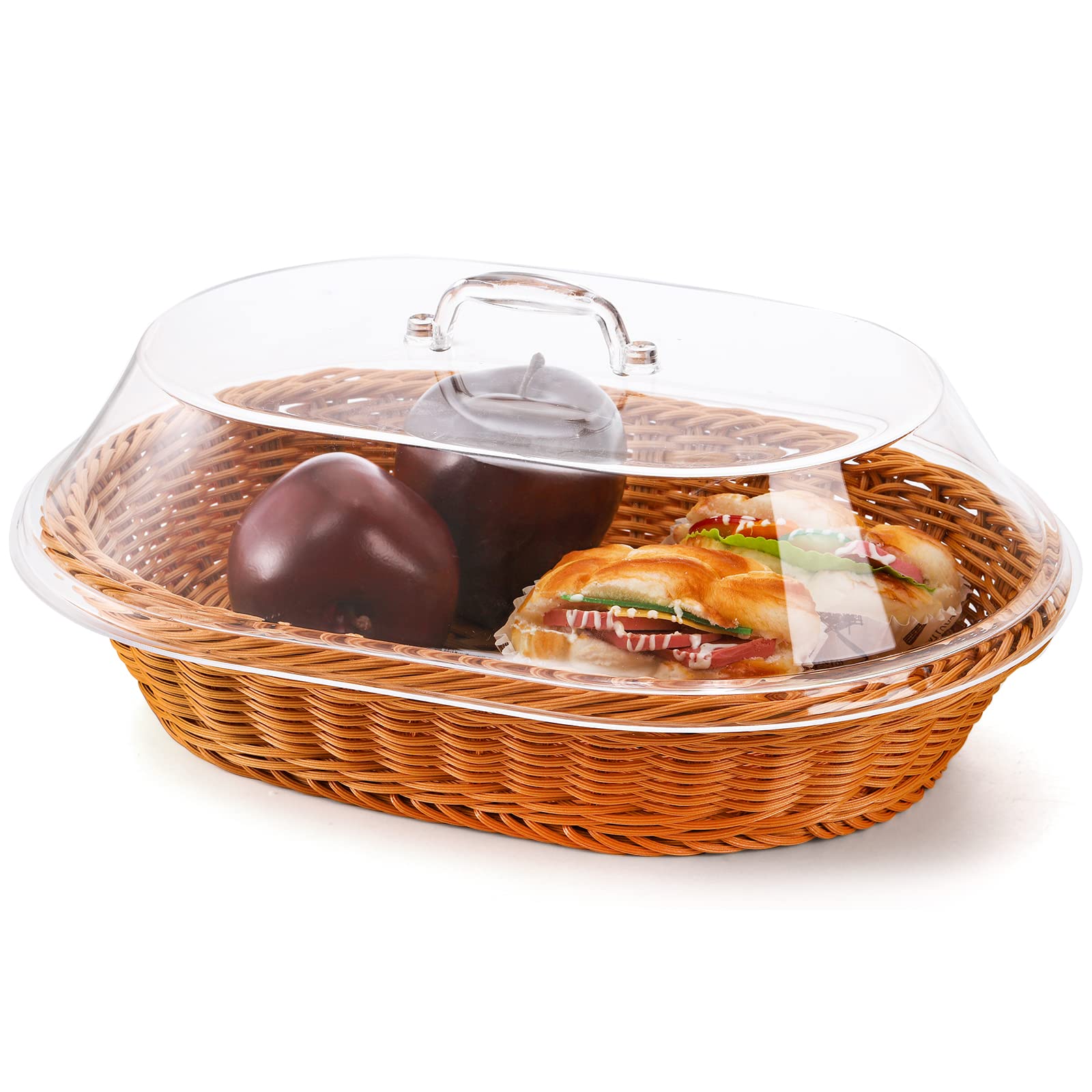 Peohud 13.4'' Imitation Rattan Bread Basket with Acrylic Lid, Natural Oval Wicker Loaf Bread Basket, Woven Food Fruit Vegetables Serving Basket for Tabletop, Restaurant