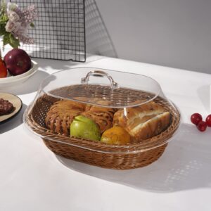 Peohud 13.4'' Imitation Rattan Bread Basket with Acrylic Lid, Natural Oval Wicker Loaf Bread Basket, Woven Food Fruit Vegetables Serving Basket for Tabletop, Restaurant