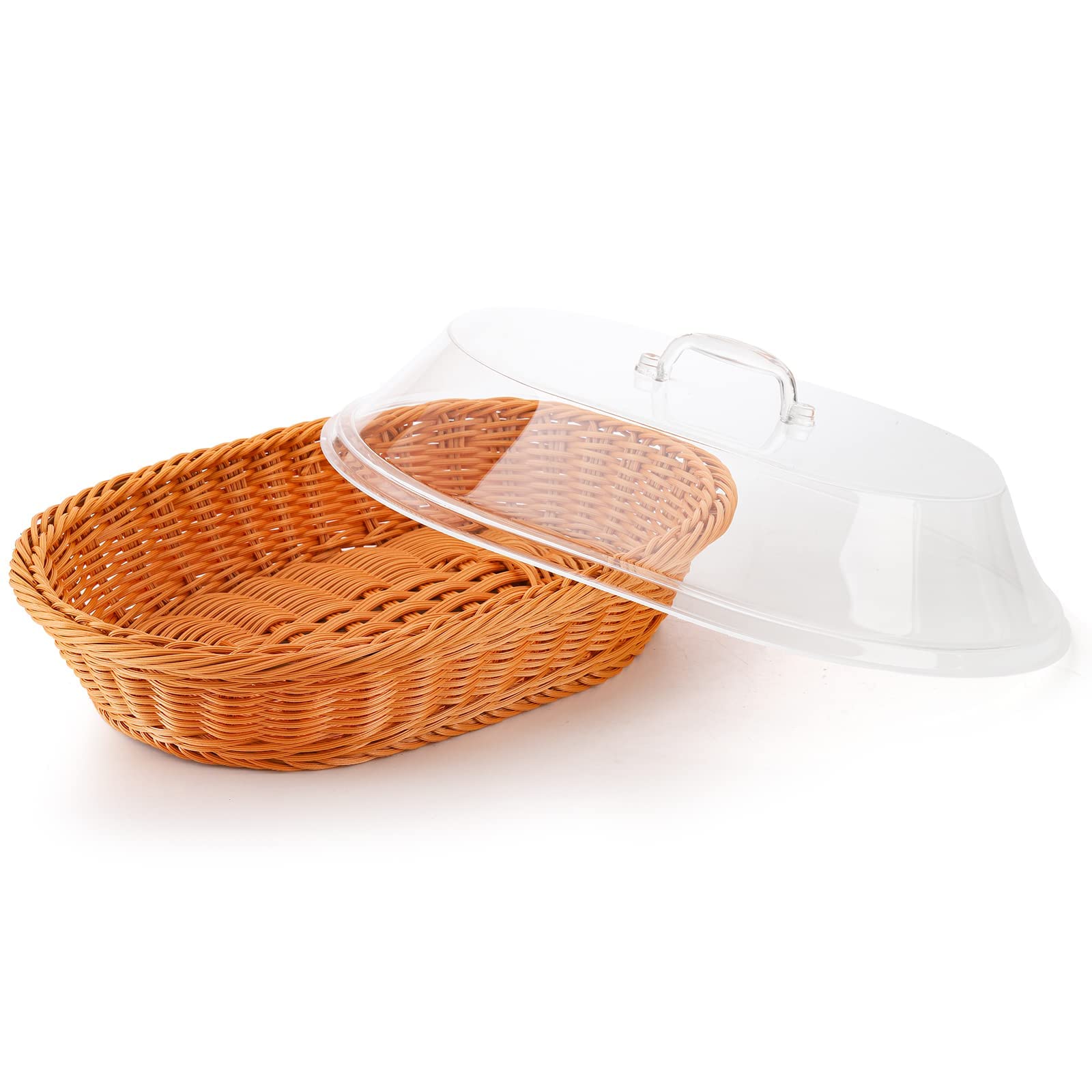Peohud 13.4'' Imitation Rattan Bread Basket with Acrylic Lid, Natural Oval Wicker Loaf Bread Basket, Woven Food Fruit Vegetables Serving Basket for Tabletop, Restaurant