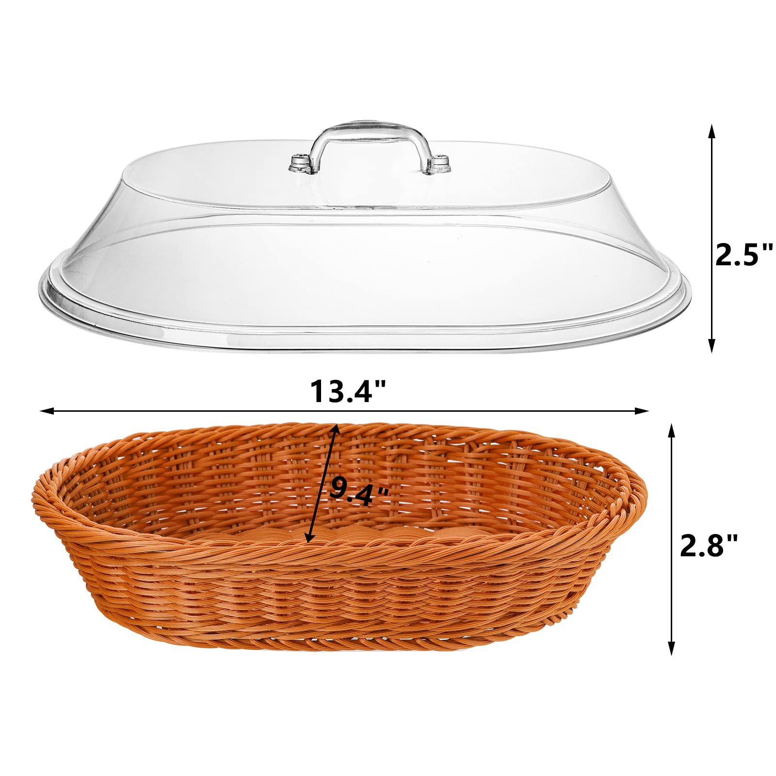 Peohud 13.4'' Imitation Rattan Bread Basket with Acrylic Lid, Natural Oval Wicker Loaf Bread Basket, Woven Food Fruit Vegetables Serving Basket for Tabletop, Restaurant