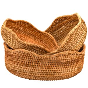 peohud set of 3 rattan bread basket, natural wicker fruits bread baskets, wicker food storage baskets serving bowl for bread, snack, fruit, vegetable, 9"/10"/11"