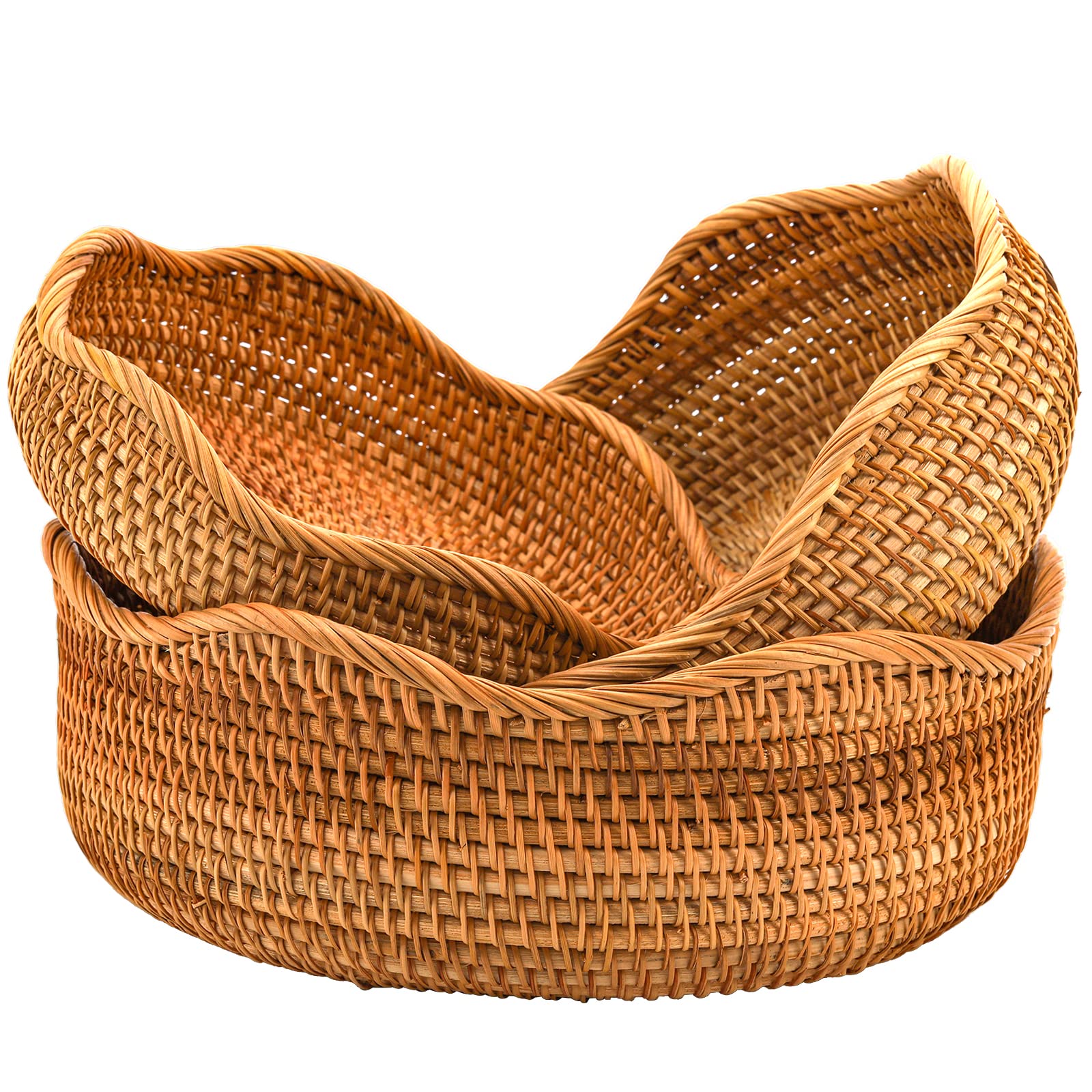 Peohud Set of 3 Rattan Bread Basket, Natural Wicker Fruits Bread Baskets, Wicker Food Storage Baskets Serving Bowl for Bread, Snack, Fruit, Vegetable, 9"/10"/11"