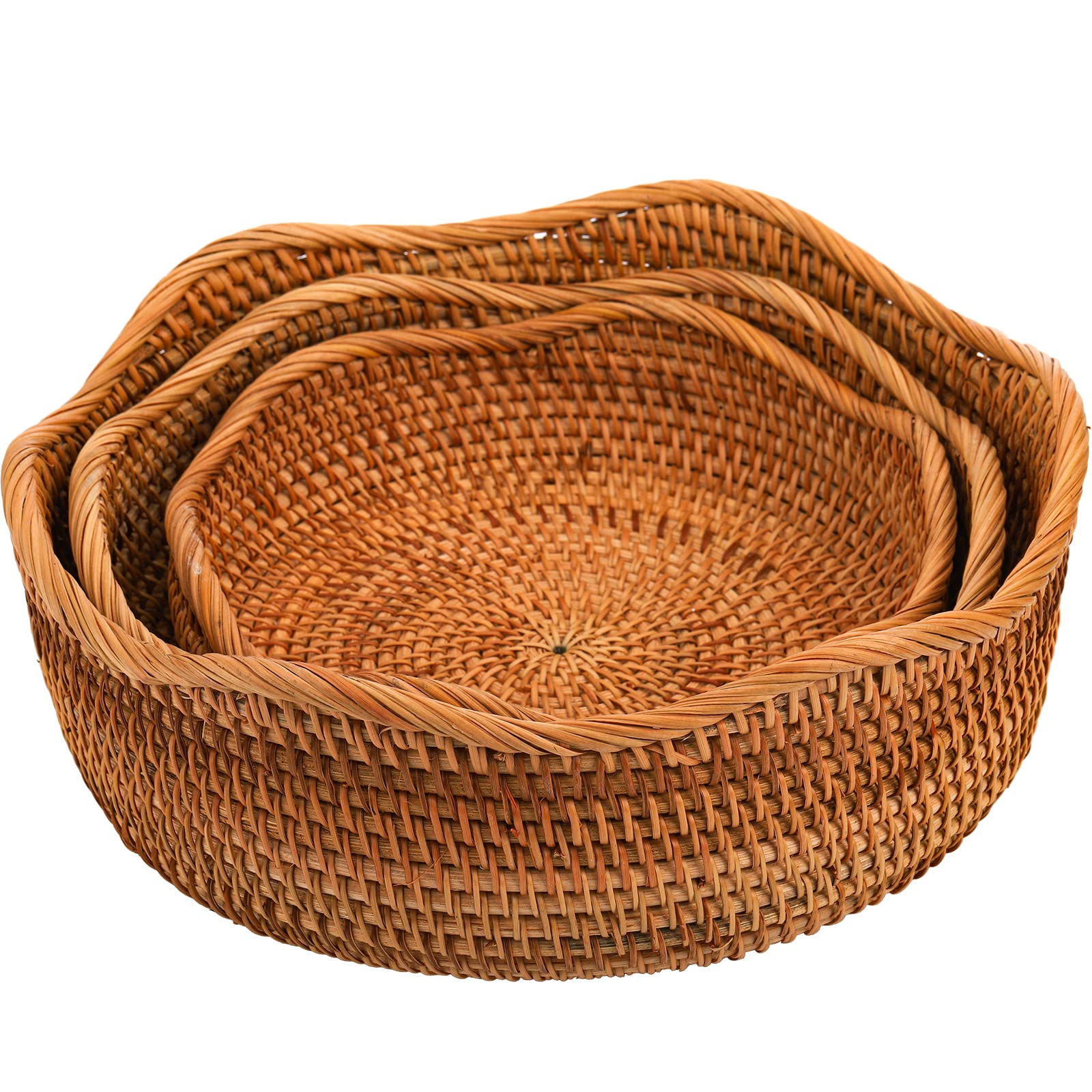 Peohud Set of 3 Rattan Bread Basket, Natural Wicker Fruits Bread Baskets, Wicker Food Storage Baskets Serving Bowl for Bread, Snack, Fruit, Vegetable, 9"/10"/11"