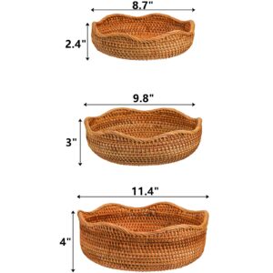 Peohud Set of 3 Rattan Bread Basket, Natural Wicker Fruits Bread Baskets, Wicker Food Storage Baskets Serving Bowl for Bread, Snack, Fruit, Vegetable, 9"/10"/11"