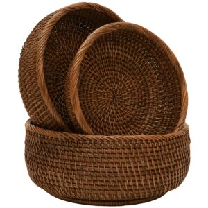 rattan bread baskets for serving round wicker baskets for gift empty set 3 wicker fruit basket for kitchen counter wicker potato basket for potatoes and onions storage bin for pantry (dark brown)