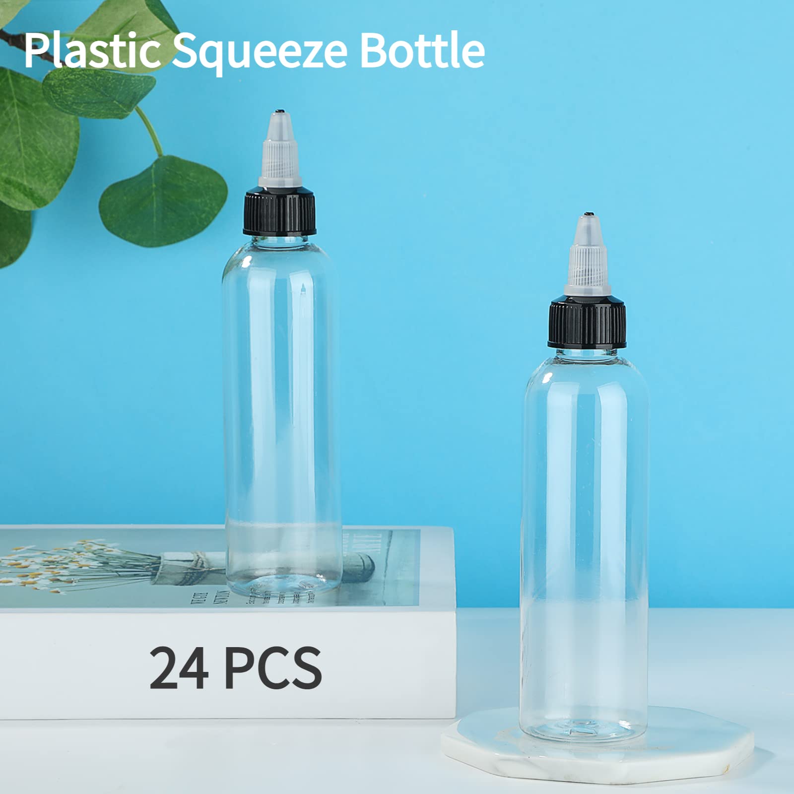 24PCS 2oz Clear Dispensing Bottles, Plastic Squeeze Bottles with Twist Top Caps for Oils Inks Liquids, Household Round Squeeze Bottles for Crafts Kitchen Food Making