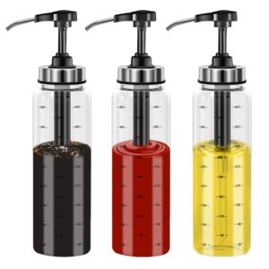 (3 pack) glass sauce pump dispenser , no drip,17 ounce big olive oil dispenser bottle set, ketchup salad dressing honey oil presser,sticky sauce squeeze bottle for kitchen and bbq