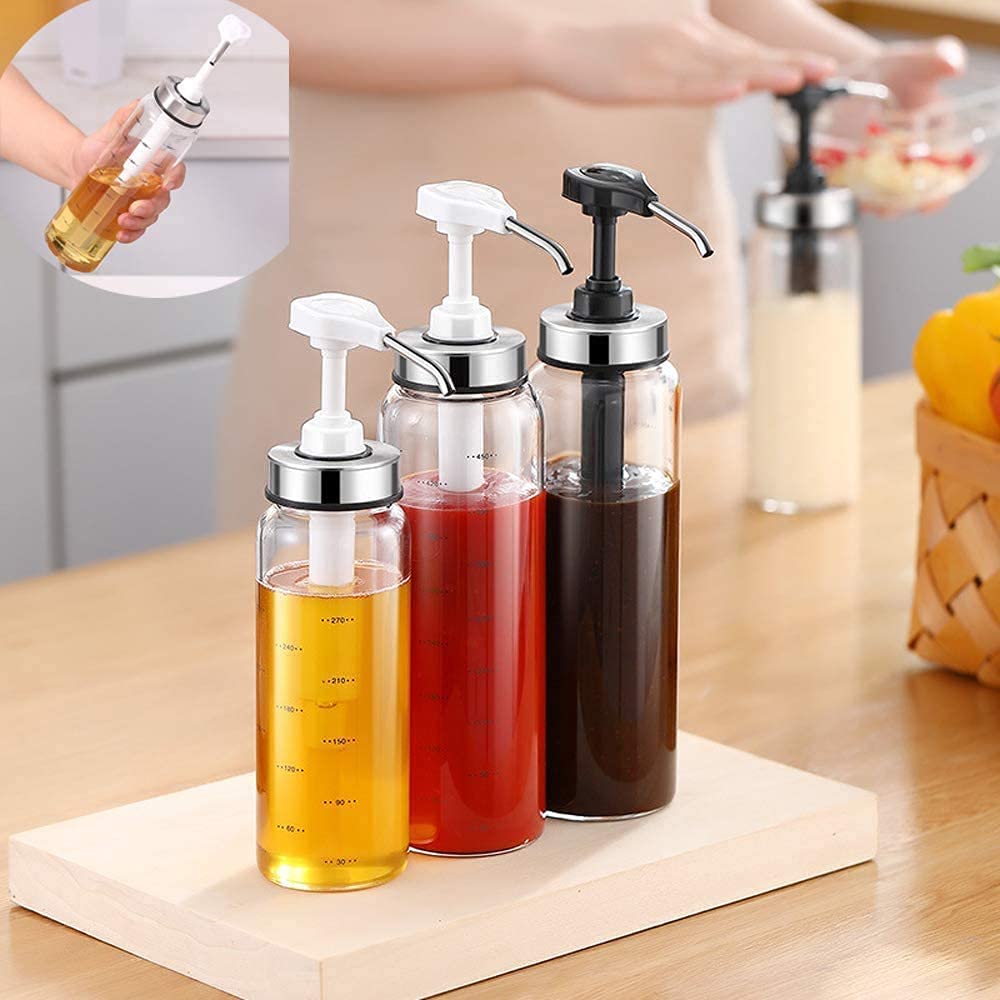 (3 Pack) Glass Sauce Pump Dispenser , No Drip,17 Ounce Big Olive Oil Dispenser Bottle Set, Ketchup Salad Dressing Honey Oil Presser,Sticky Sauce Squeeze Bottle for Kitchen and BBQ