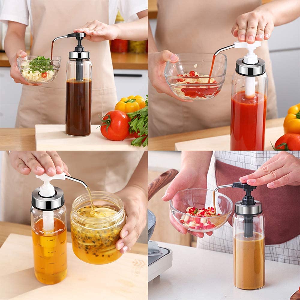 (3 Pack) Glass Sauce Pump Dispenser , No Drip,17 Ounce Big Olive Oil Dispenser Bottle Set, Ketchup Salad Dressing Honey Oil Presser,Sticky Sauce Squeeze Bottle for Kitchen and BBQ