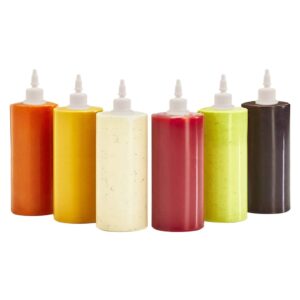 on condiment bottle 6-pack plastic squeeze condiment bottles for mustard dressing ketchup bbq sauce mayonnaise syrup, 24 oz condiment containers clear no leak tip cap plastic squirt bottle storage