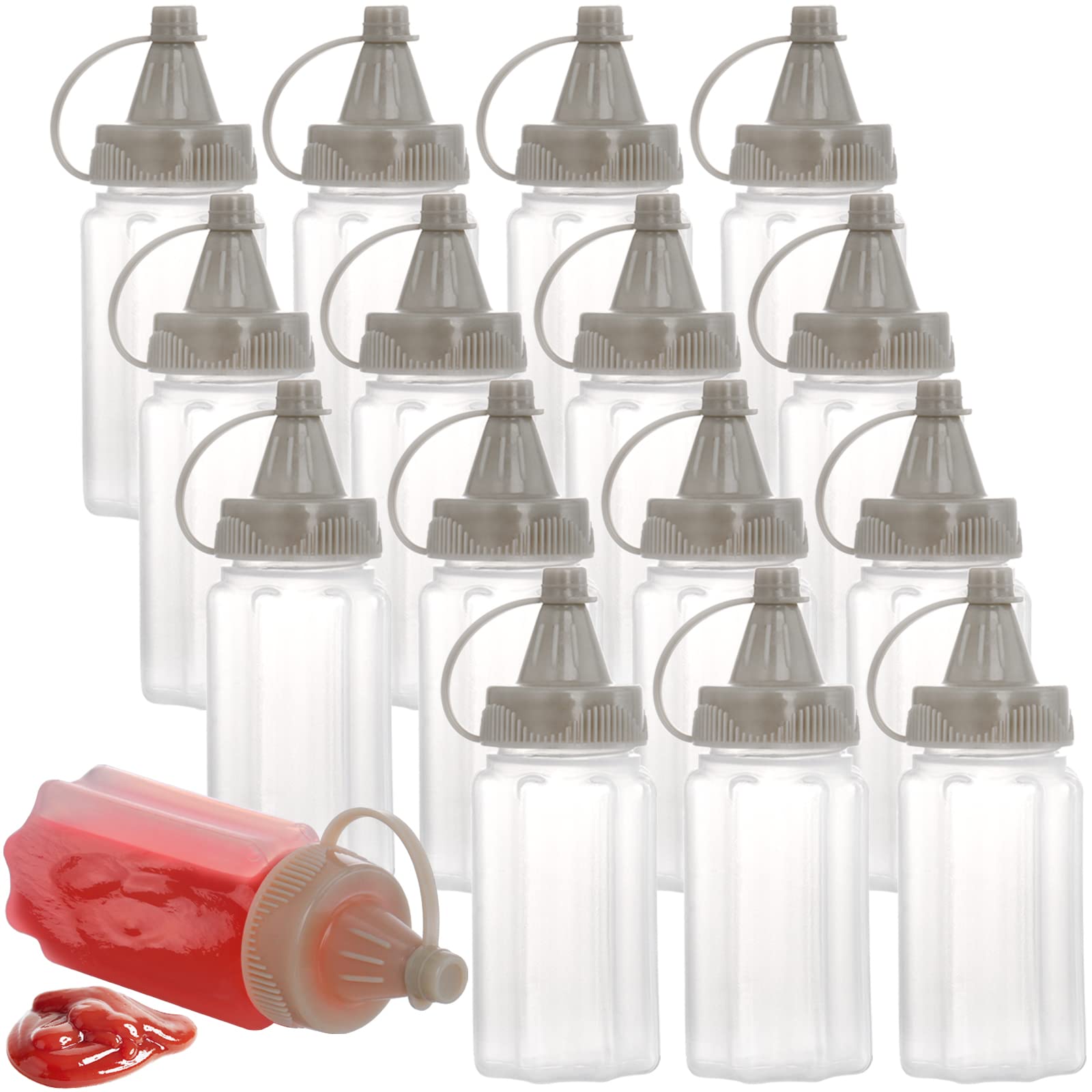 Hiceeden Set of 16 Mini Condiment Squeeze Bottles, 1.2oz Plastic Ketchup Bottles Squirt Honey Tomato Salad Dressing Container for Bento Box, Lunch, BBQ, Camping, Travel, Twist On Cap Lids