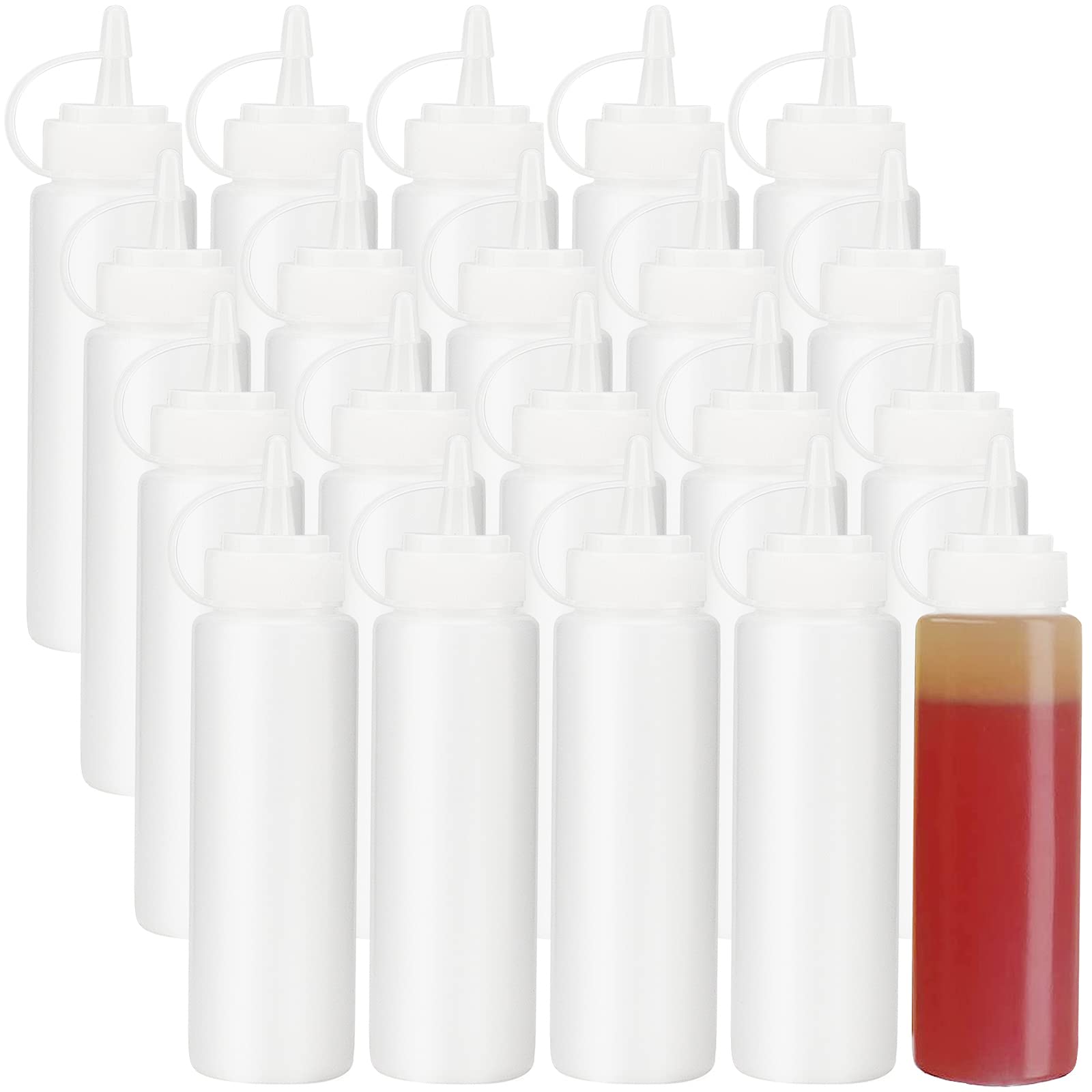 HEIHAK 20 Pack 8 oz Ketchup Squeeze Bottles, 250ml Plastic Condiment Bottles, Barbecue Squirt Bottles with Caps and Marking Labels for Ketchup, Sauces, Dressings, Paints, Crafts, White