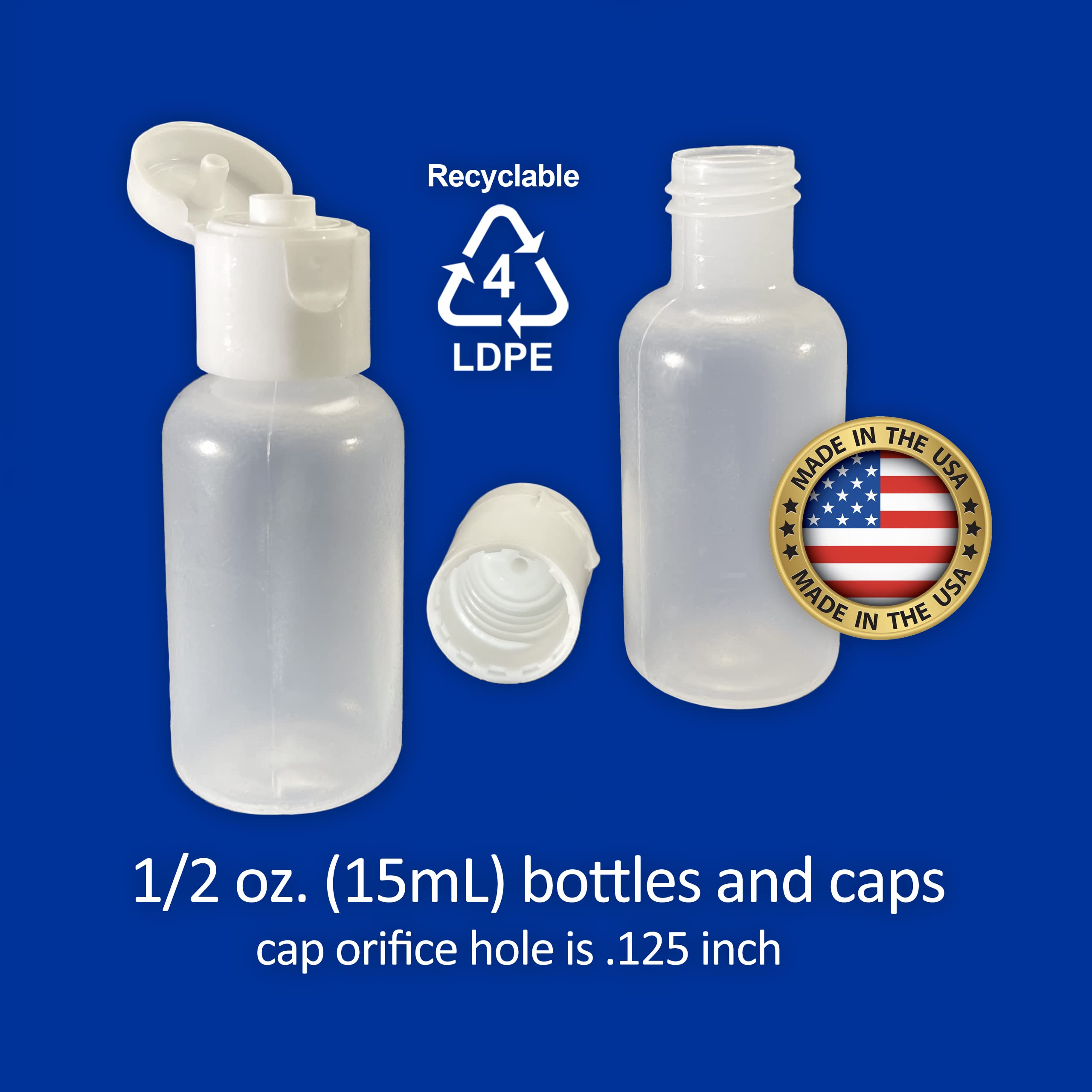 510 Central Mini Squeeze Bottles (1/2oz, 6 Pack) Boston Round with Snap Top Caps - LDPE Plastic - Made in USA