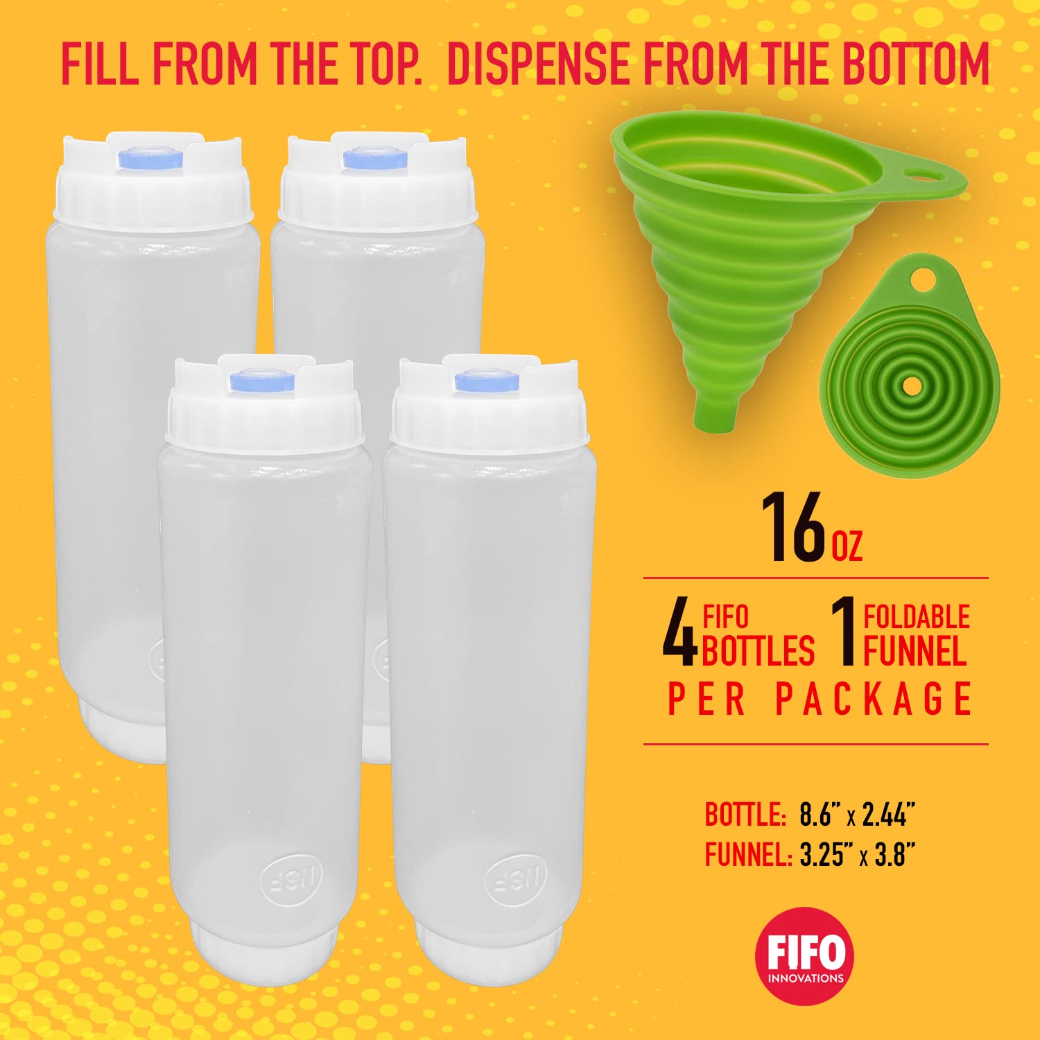 FIFO Squeeze Bottle Refillable (6 Pack) Blue Dispenser for Thick Condiments, Tartar Sauces, Rellish and Dressing with Flexible Funnel (Blue)