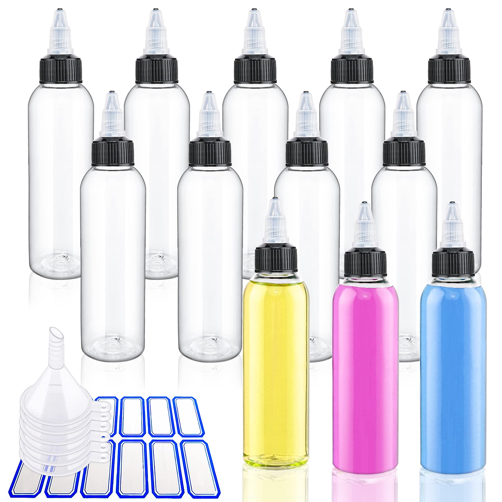 LOVLLE 3.4oz Small Oil Dispenser Bottle for Camping,12Pcs Plastic Squeeze Condiment Container with Twist Top Cap, Liquid Condiment Bottles with a funnel, Suited for Vinegar Oil Soy Sauce