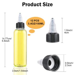 LOVLLE 3.4oz Small Oil Dispenser Bottle for Camping,12Pcs Plastic Squeeze Condiment Container with Twist Top Cap, Liquid Condiment Bottles with a funnel, Suited for Vinegar Oil Soy Sauce