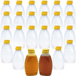 easy squeeze 24pk 12oz empty honey bottles. bpa-free food safe pet plastic honey dispenser. flip-top refillable syrup container. great for storing and serving bbq, pasta sauces or salad dressings.