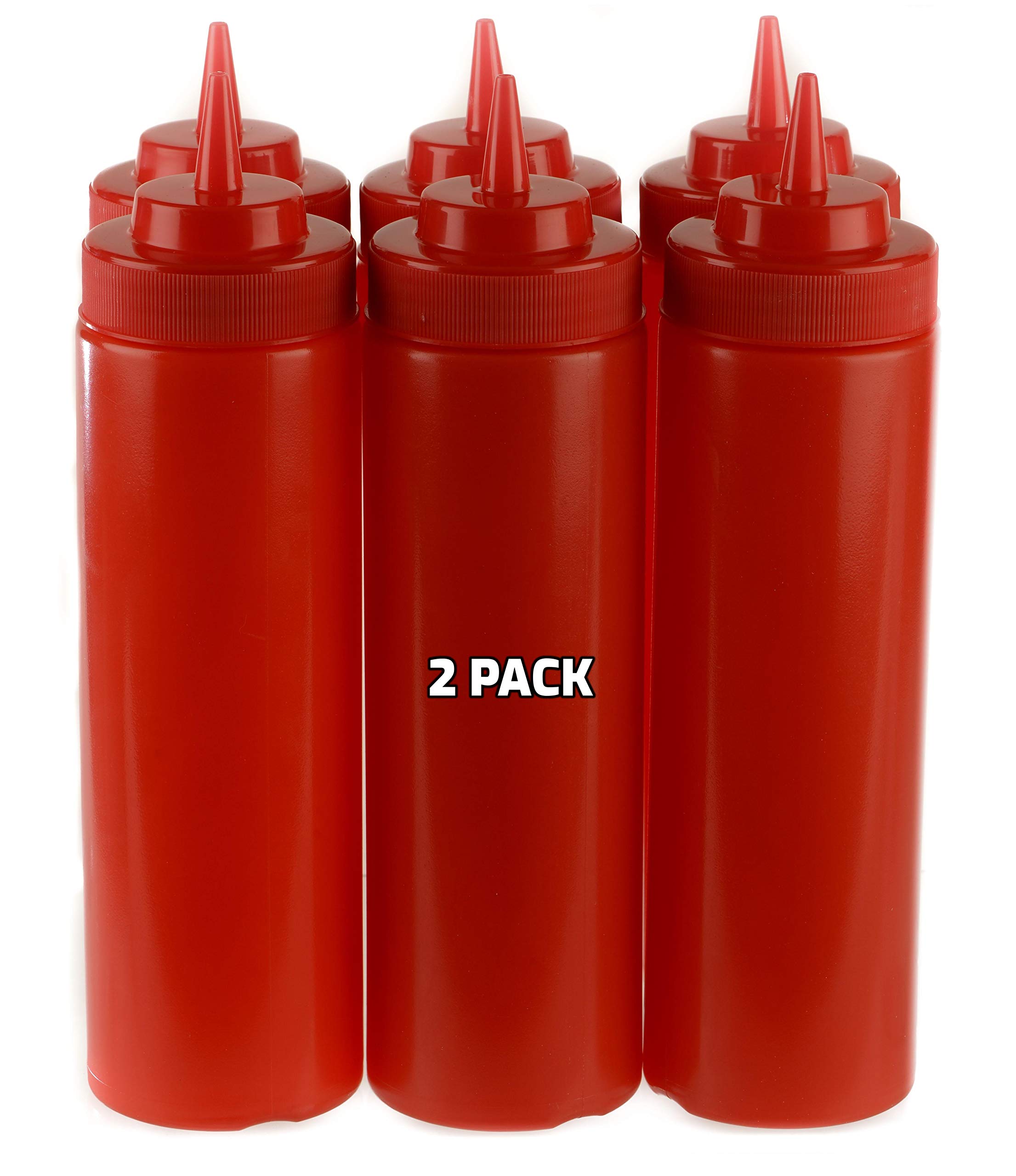 [2 PACK] 24 Oz Red Plastic Condiment Squeeze Bottles Squirt Bottle for Sauces, Dressing, Arts and Crafts, Ketchup, Mustard, Oil, BBQ - Clear Reusable Plastic Containers, BPA Free, Dishwasher Safe