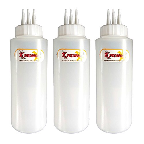 Kitchen Bottle Condiment Set 3 Hole Dispenser Lid Plastic Squeeze for Sauce Mustard Ketchup 12 oz. / 340 ML.