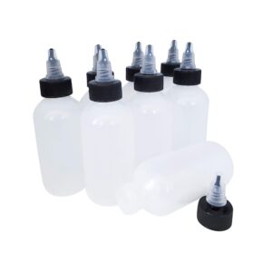 kelkaa 4oz boston round ldpe plastic squeeze bottles with black and natural twist dispensing caps, multi-purpose empty refillable bottles, easy to squeeze containers (pack of 8)