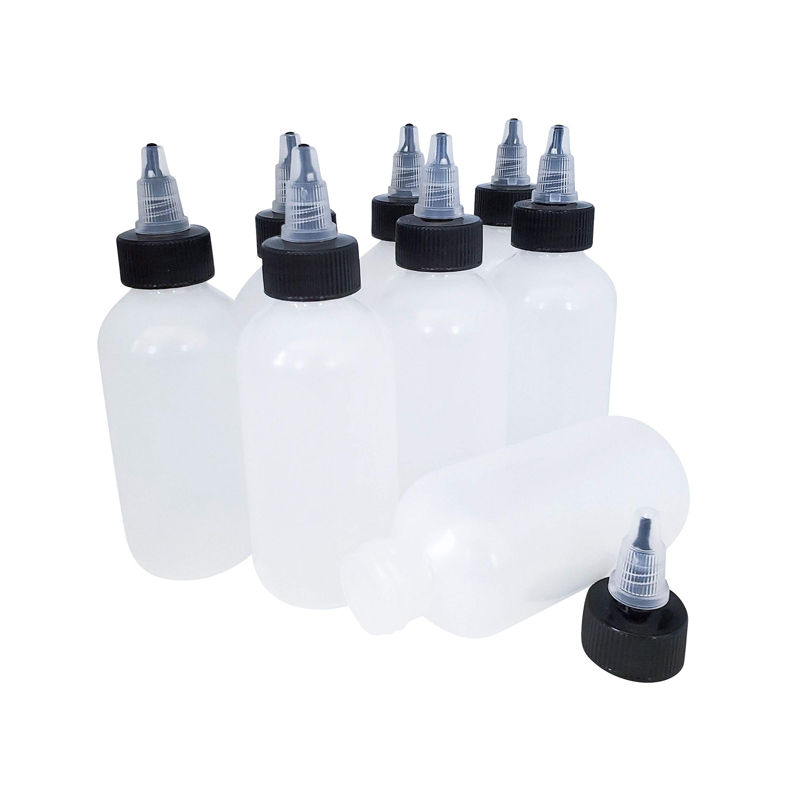 kelkaa 4oz Boston Round LDPE Plastic Squeeze Bottles with Black and Natural Twist Dispensing Caps, Multi-Purpose Empty Refillable Bottles, Easy to Squeeze Containers (Pack of 8)