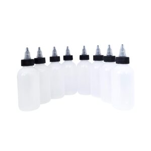 kelkaa 4oz Boston Round LDPE Plastic Squeeze Bottles with Black and Natural Twist Dispensing Caps, Multi-Purpose Empty Refillable Bottles, Easy to Squeeze Containers (Pack of 8)