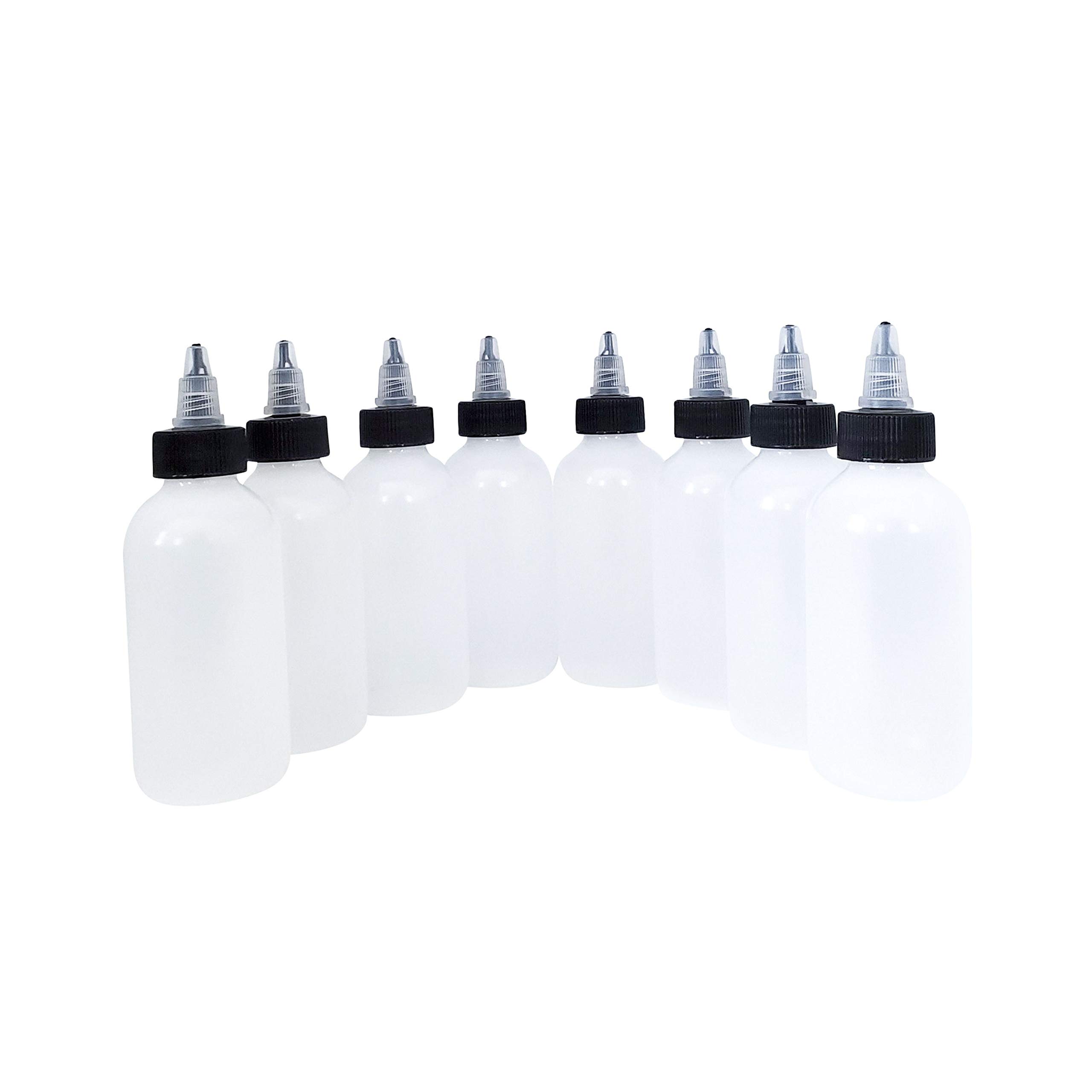 kelkaa 4oz Boston Round LDPE Plastic Squeeze Bottles with Black and Natural Twist Dispensing Caps, Multi-Purpose Empty Refillable Bottles, Easy to Squeeze Containers (Pack of 8)