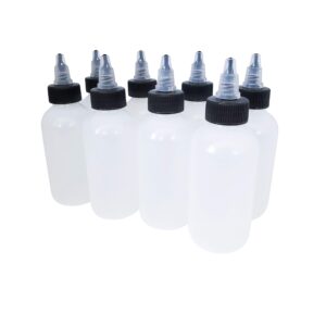 kelkaa 4oz Boston Round LDPE Plastic Squeeze Bottles with Black and Natural Twist Dispensing Caps, Multi-Purpose Empty Refillable Bottles, Easy to Squeeze Containers (Pack of 8)